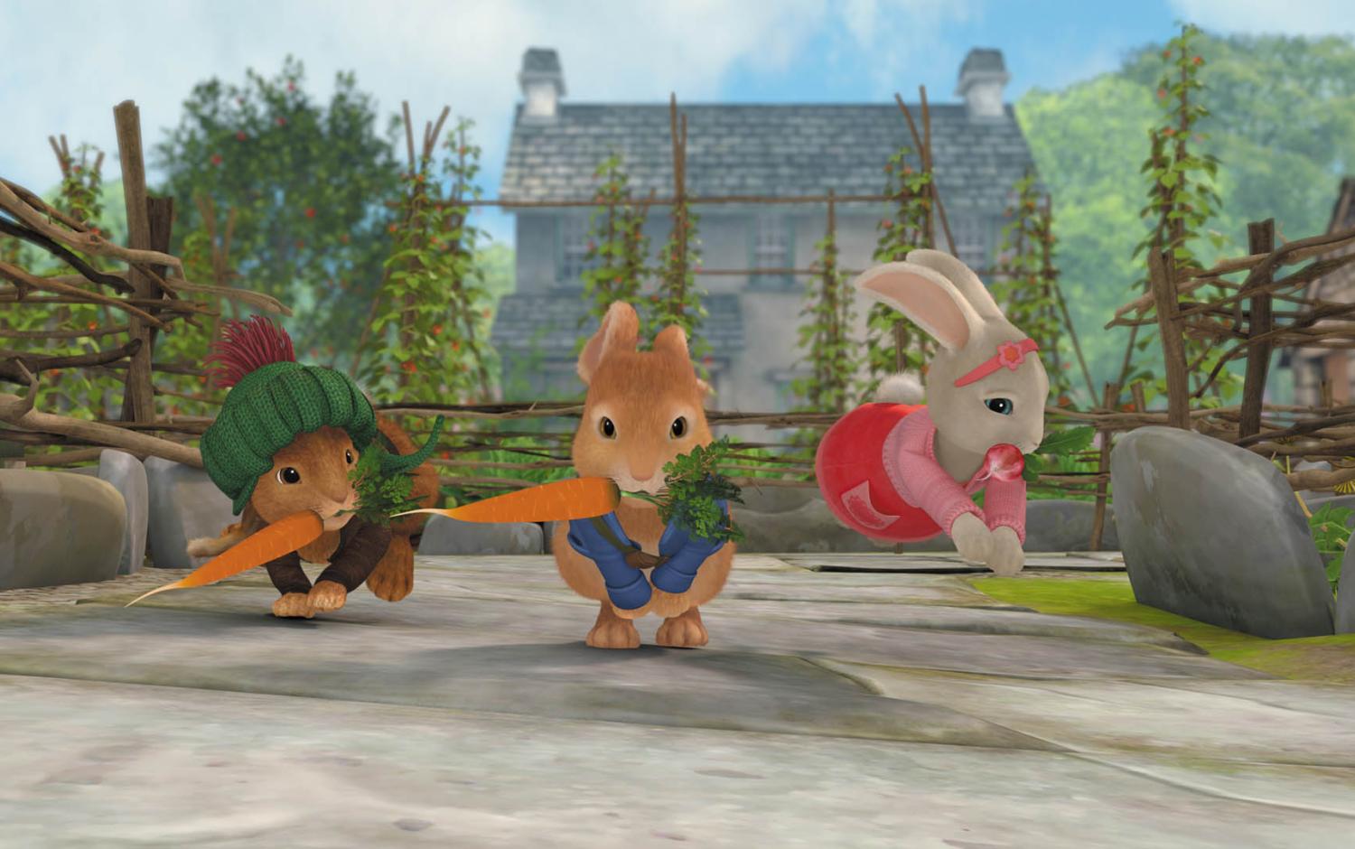 Peter, Lily and Benjamin hopping through the farmers garden with carrots in their mouths