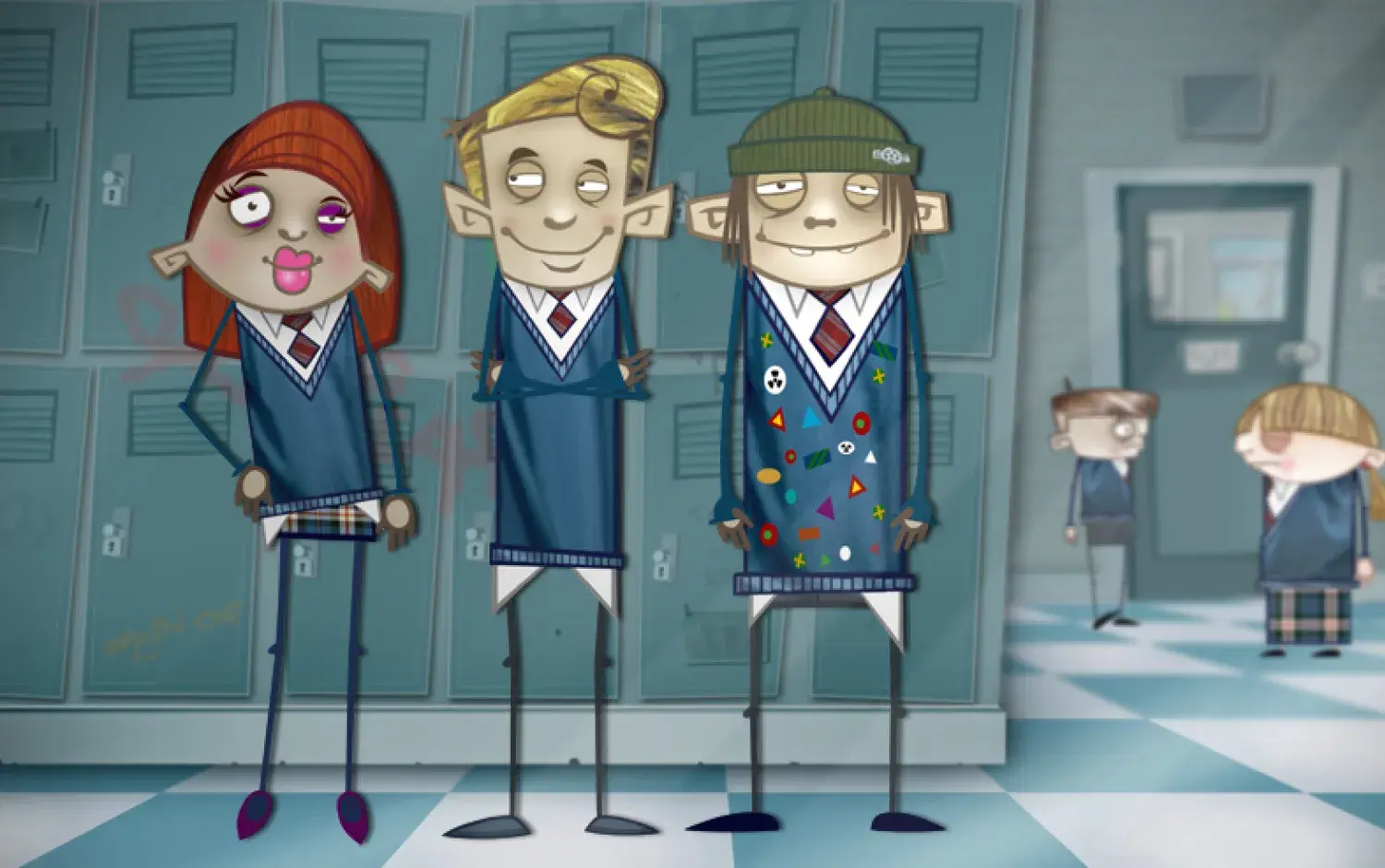 3 characters from Teenology standing in front of their school lockers