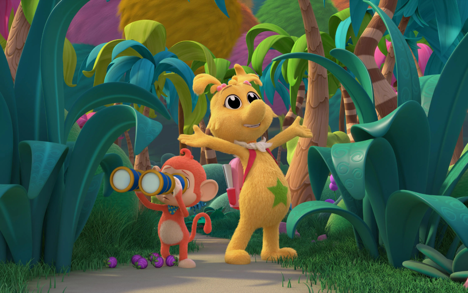 A Sneetch standing in lush, colorful vegetation, looking off to the side. Next to a monkey using binoculars.