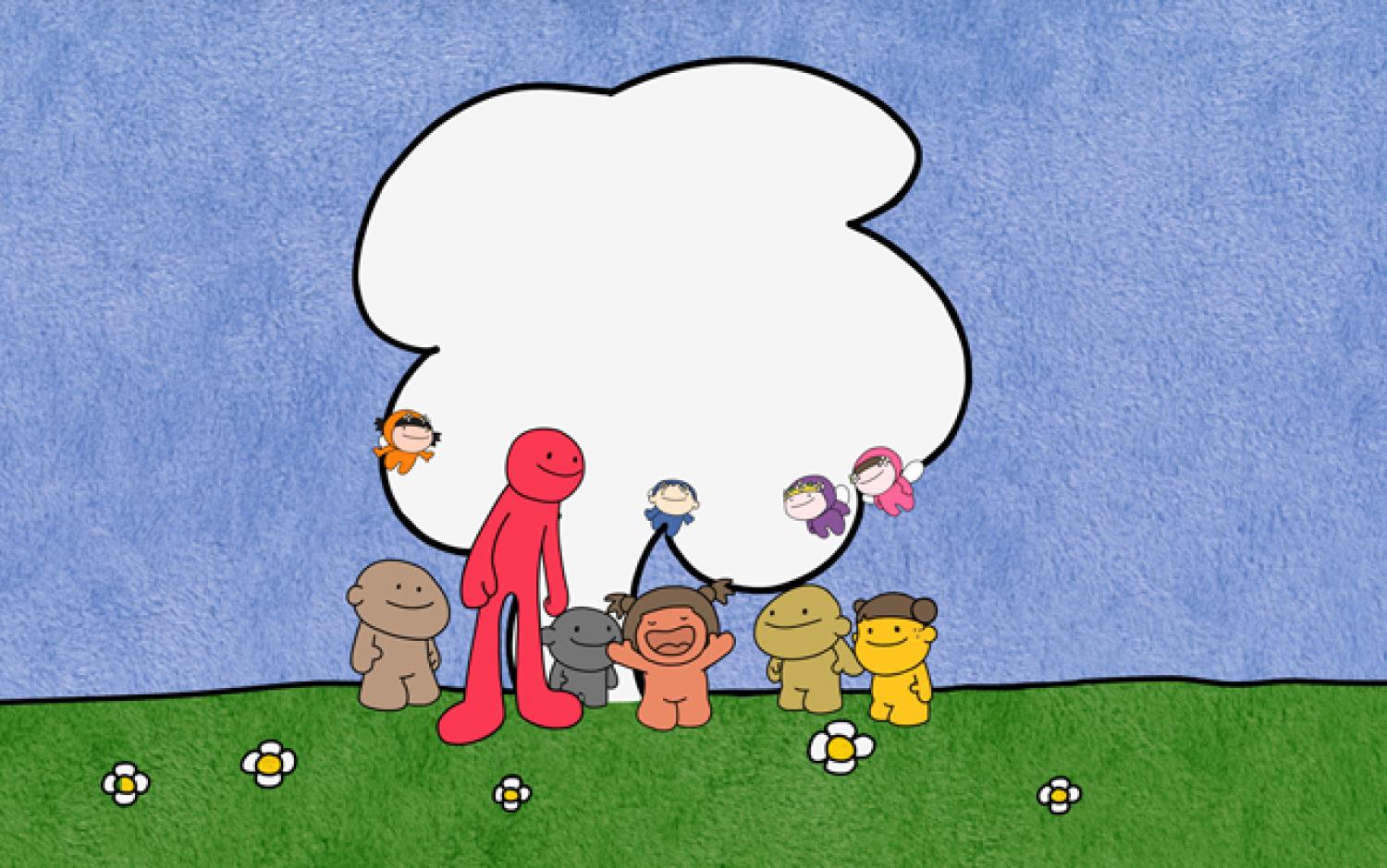 Characters from Wobblyland standing on the grass in front of a big white cloud