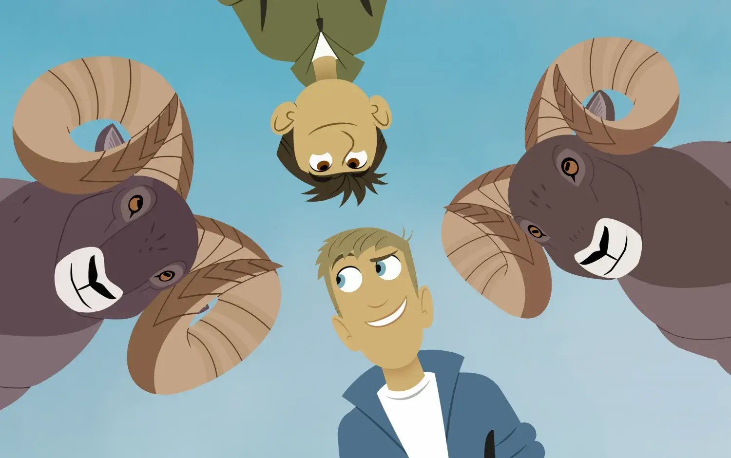Still from Wild Kratts: Chris and Martin having a brainstorm with rams.