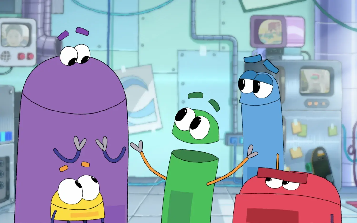 StoryBots together celebrating.
