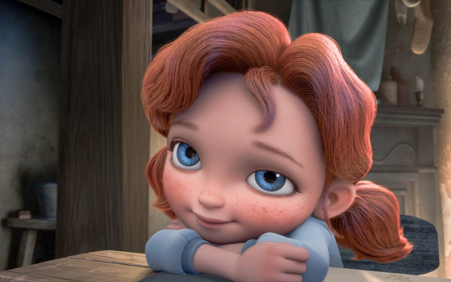 Close-up of an animated character with red hair styled in waves, sitting at a wooden table inside a cozy, rustic room with shelves and hanging fabric in the background.