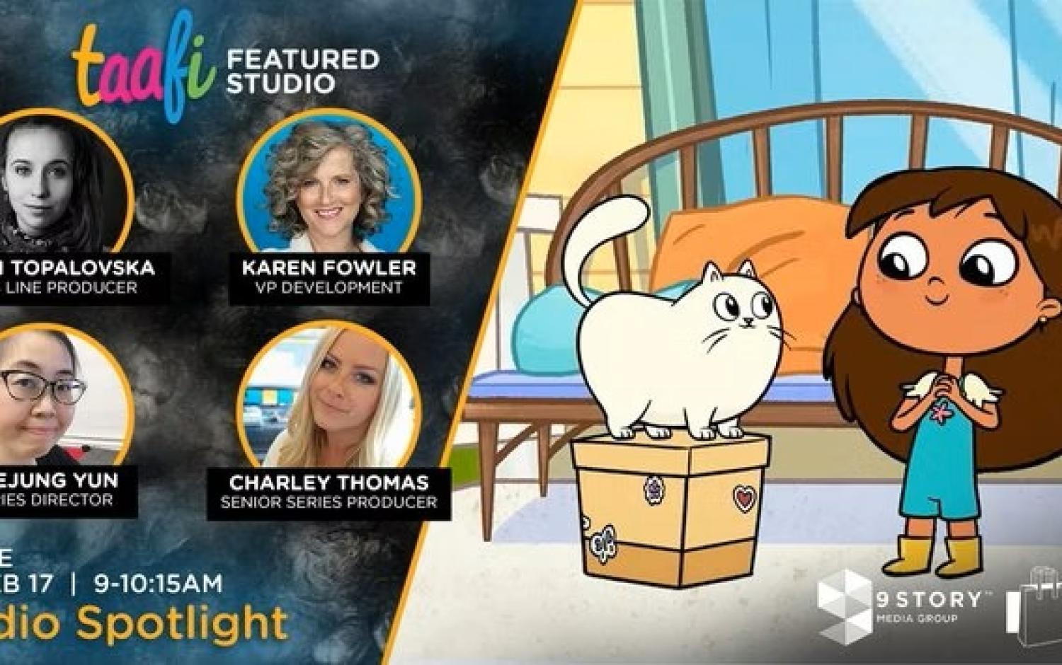 TAAFI Studio Spotlight banner showing animated girl and white cat in a room, alongside text listing event details and featured studio roles.