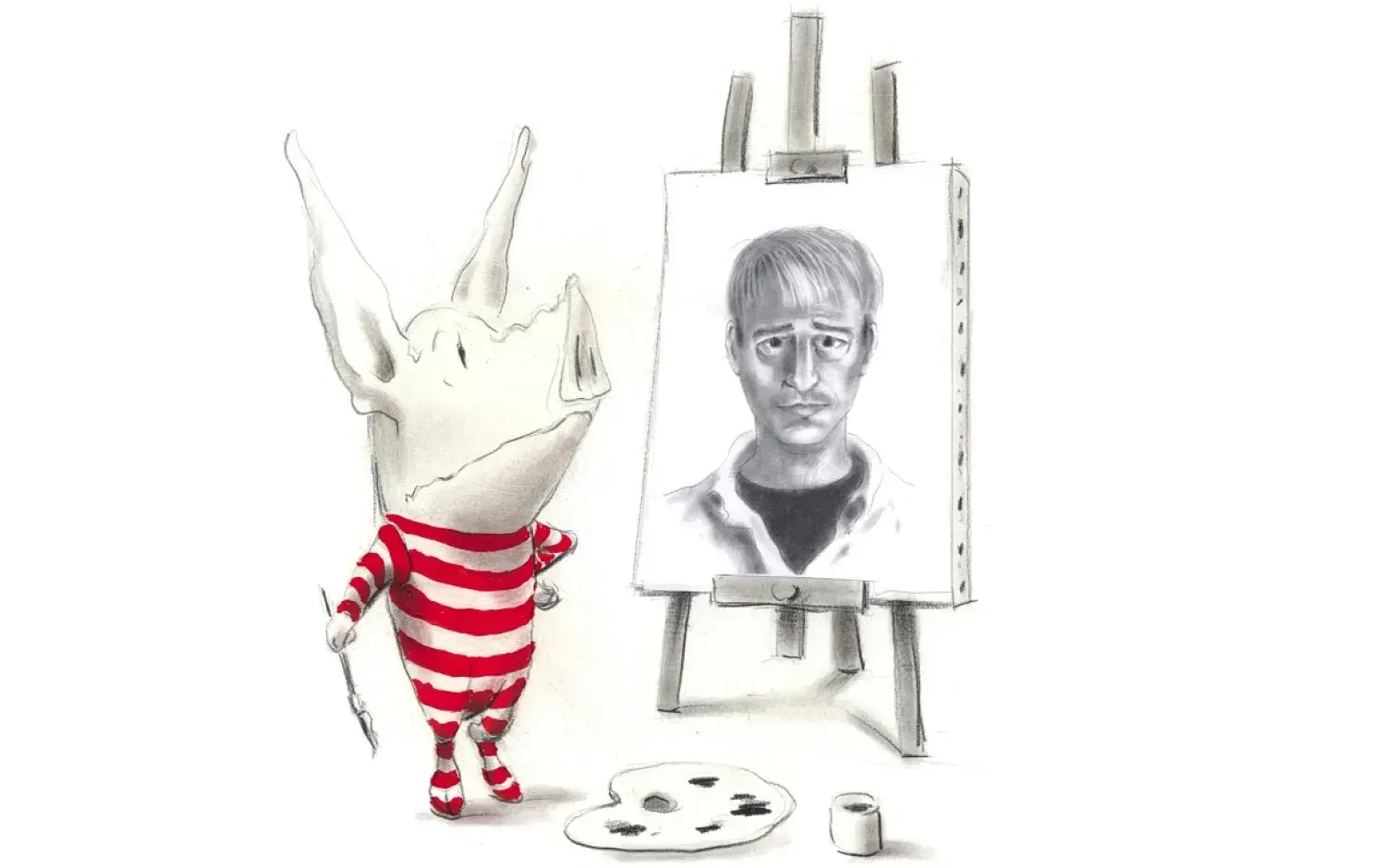 Illustration of Olivia the pig in a red striped outfit painting a portrait of Ian Falconer on an easel with art supplies on the floor.