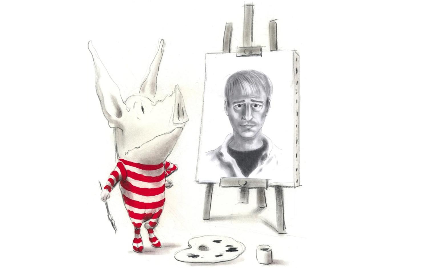 Illustration of Olivia the pig in a red striped outfit painting a portrait of Ian Falconer on an easel with art supplies on the floor.