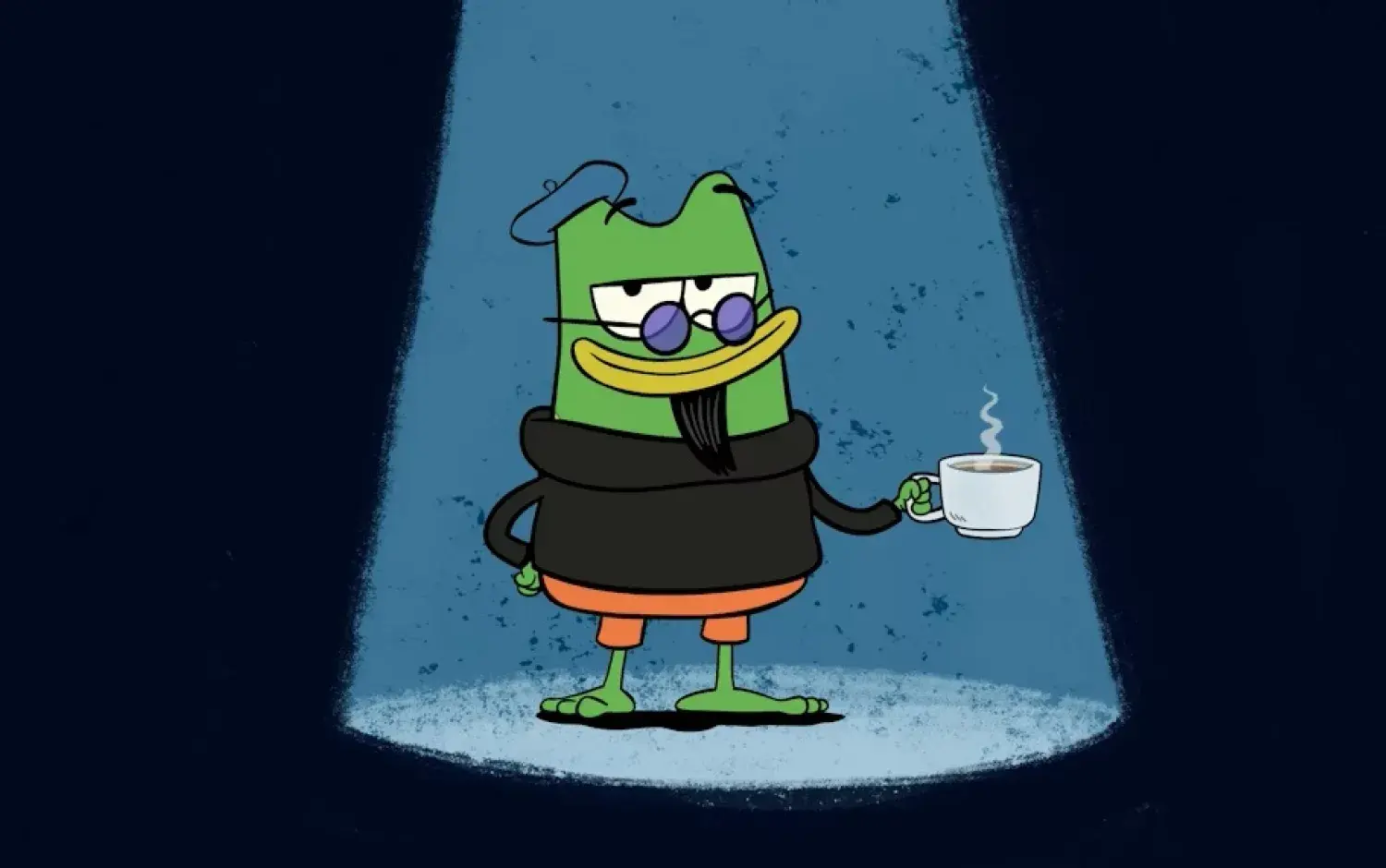 Animated green frog character wearing sunglasses and holding a steaming cup under a spotlight.