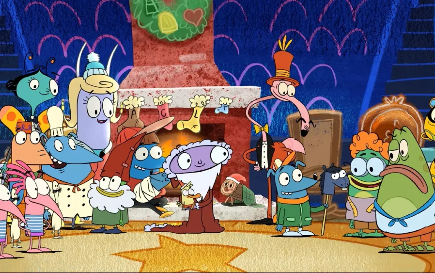 Animated characters from Let’s Go Luna! gathered around a decorated fireplace with stockings and a wreath, celebrating a festive holiday scene.