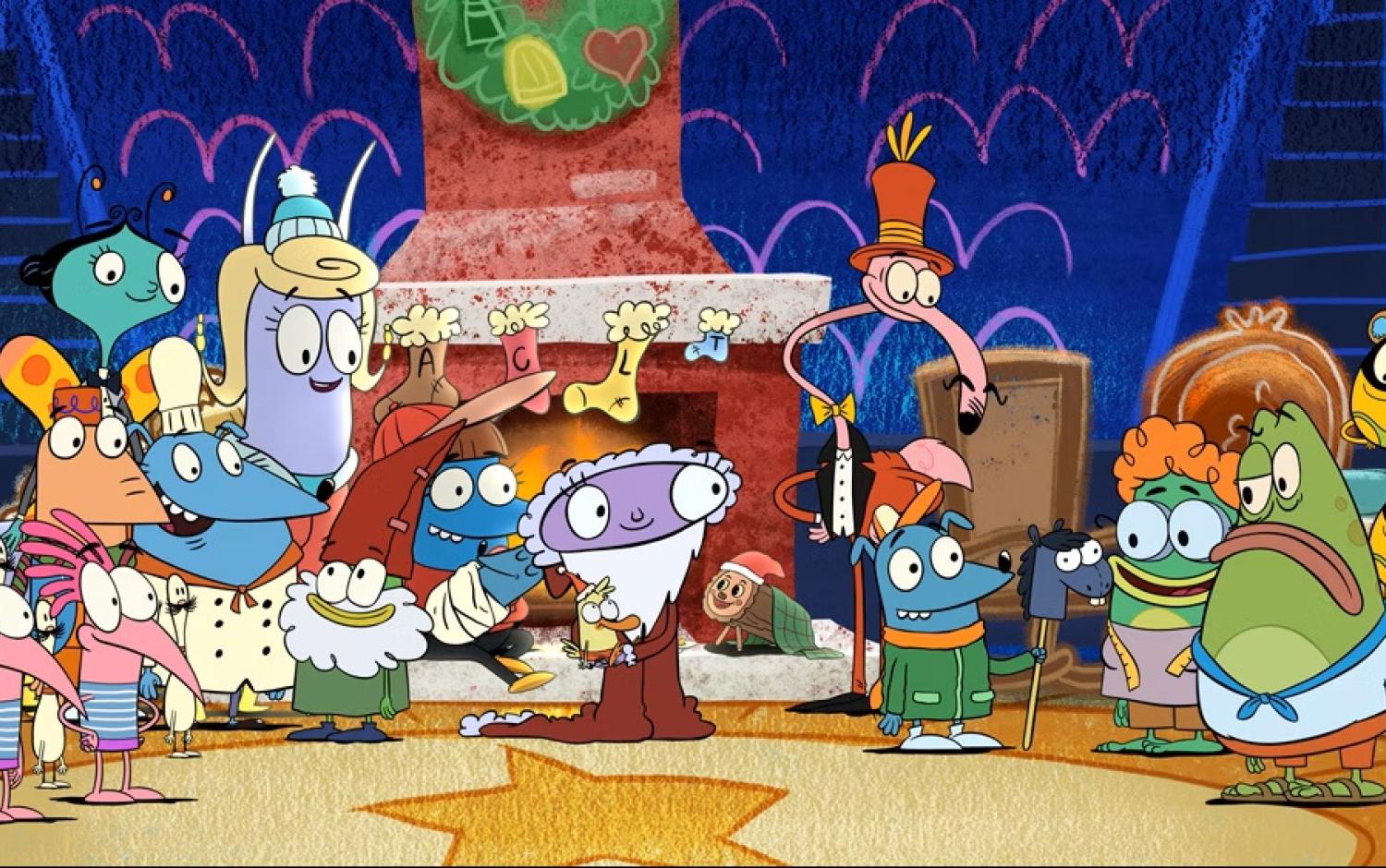 Animated characters from Let’s Go Luna! gathered around a decorated fireplace with stockings and a wreath, celebrating a festive holiday scene.