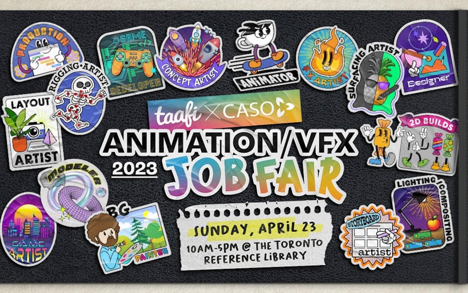 TAAFI x CASO Animation/VFX Job Fair promotional graphic with event date, location, and colorful stickers representing animation roles.