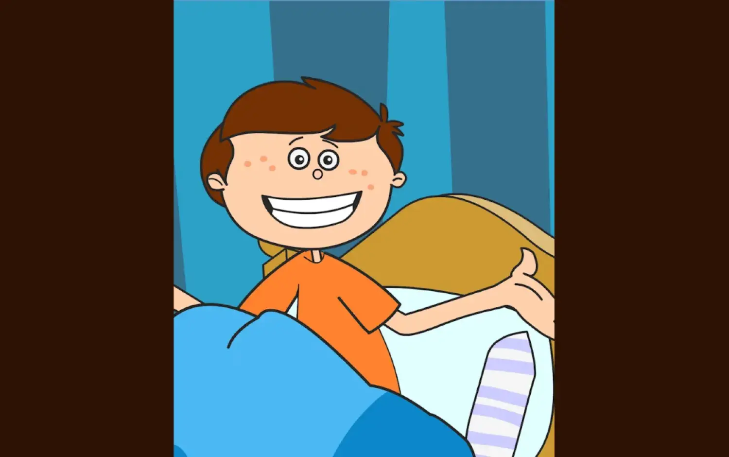 A cartoon boy sitting up in bed, an episodic still from the animated series "Why?"