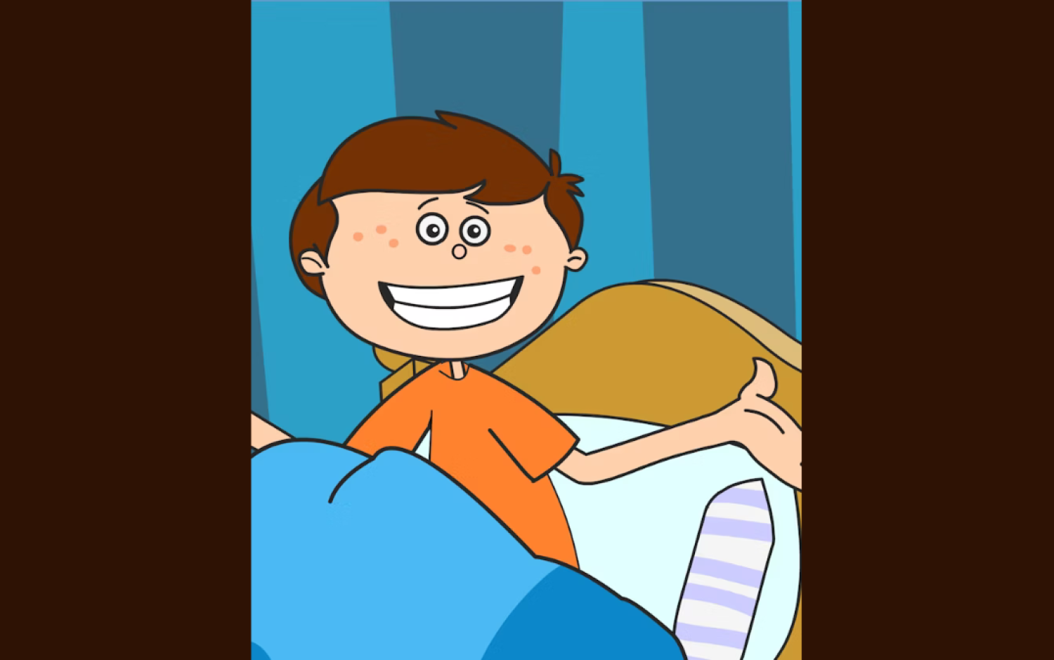 A cartoon boy sitting up in bed, an episodic still from the animated series "Why?"