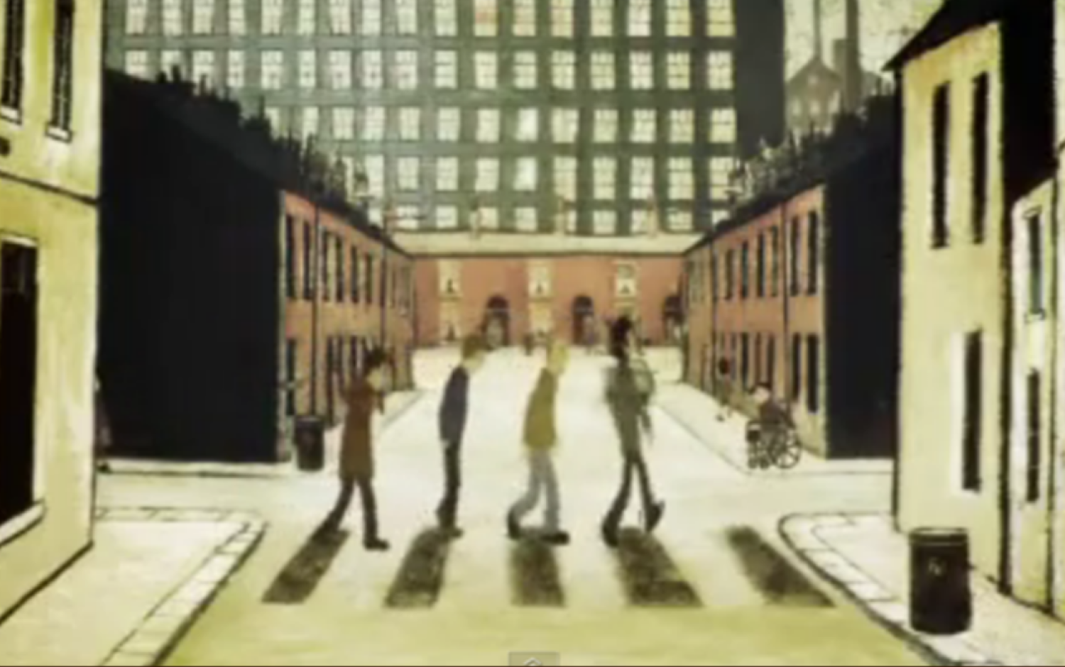 A still from the Oasis music video Masterplan, with the members walking across a street in the style of The Beatles