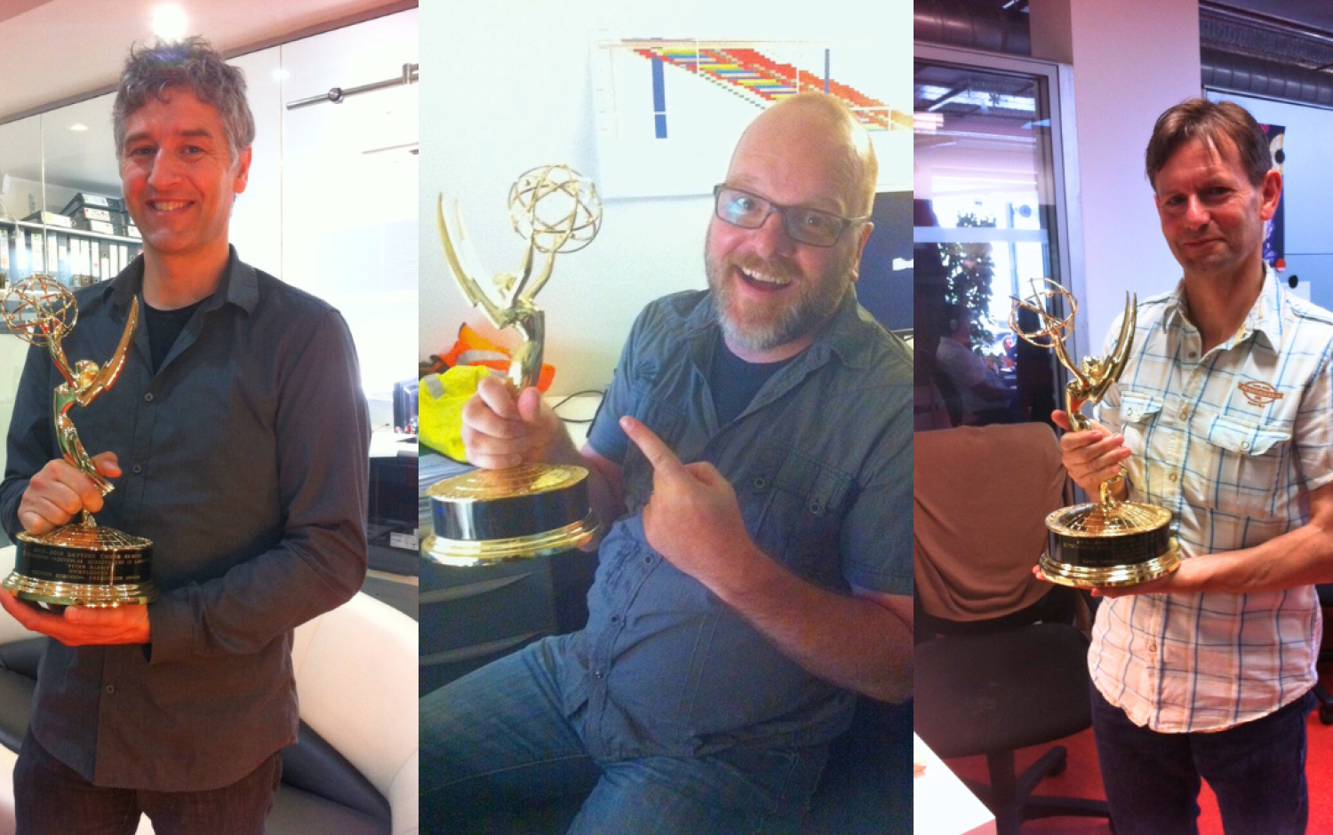 Three people indoors, each holding an Emmy award in separate office settings.