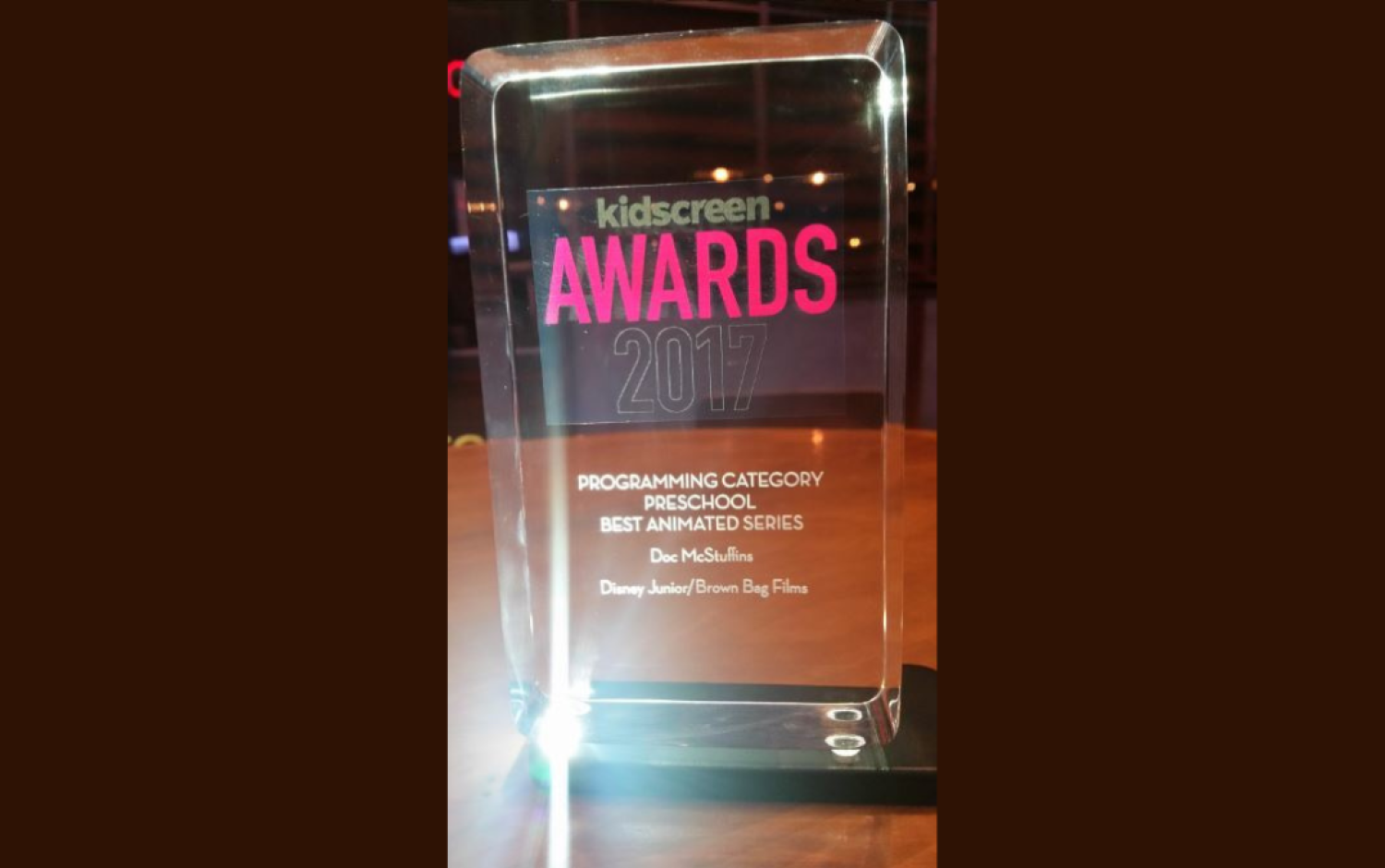 Clear acrylic award engraved “Kidscreen Awards 2017 – Best Animated Series, Doc McStuffins.”