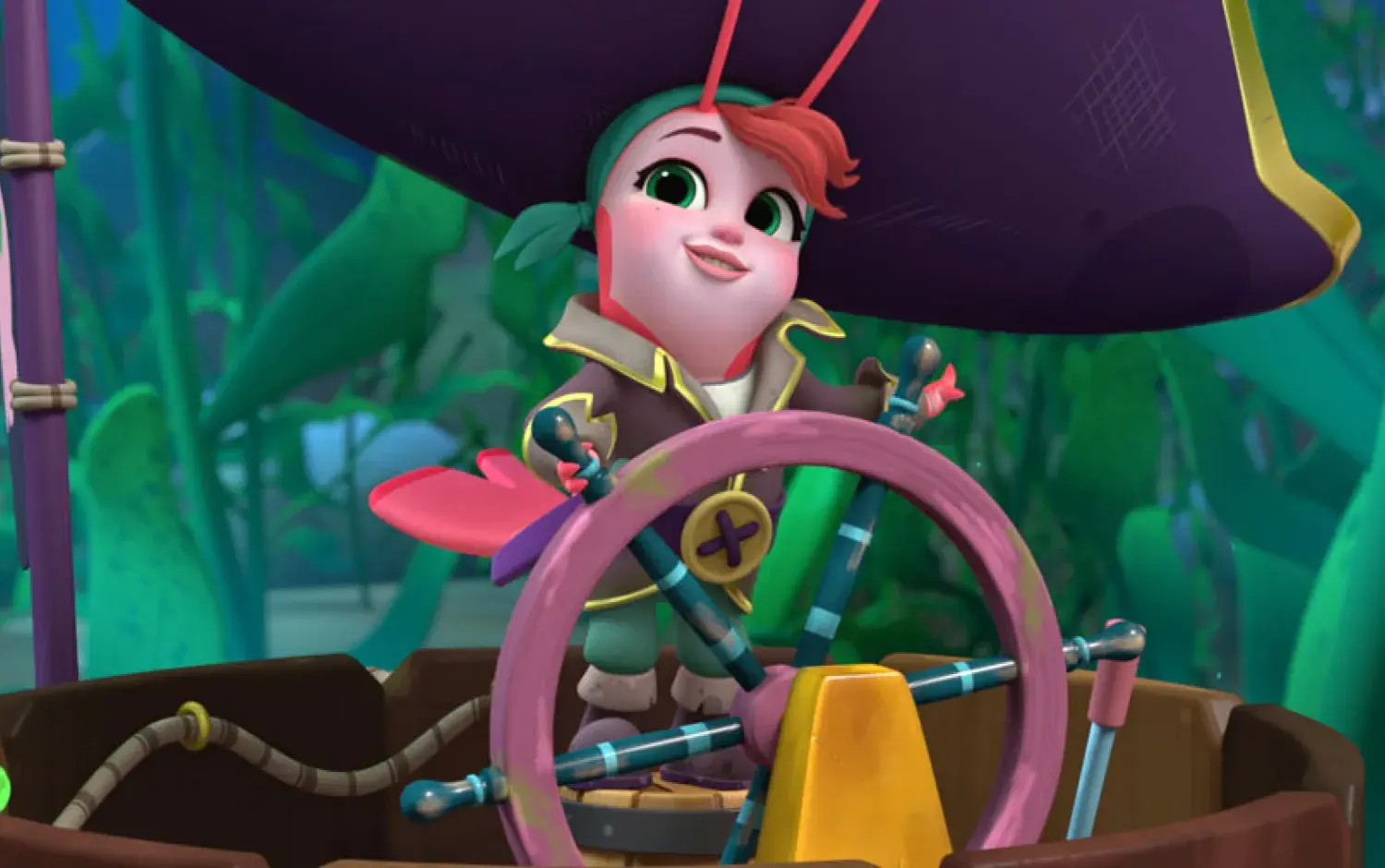 Animated production still from RoboGobo featuring Captain Shrimperton standing at the helm of a whimsical wooden ship, gripping a colorful steering wheel. The shrimp captain wears a pirate-style outfit with a tricorn hat and holds a cutlass, surrounded by lush jungle foliage as the vessel glides forward.