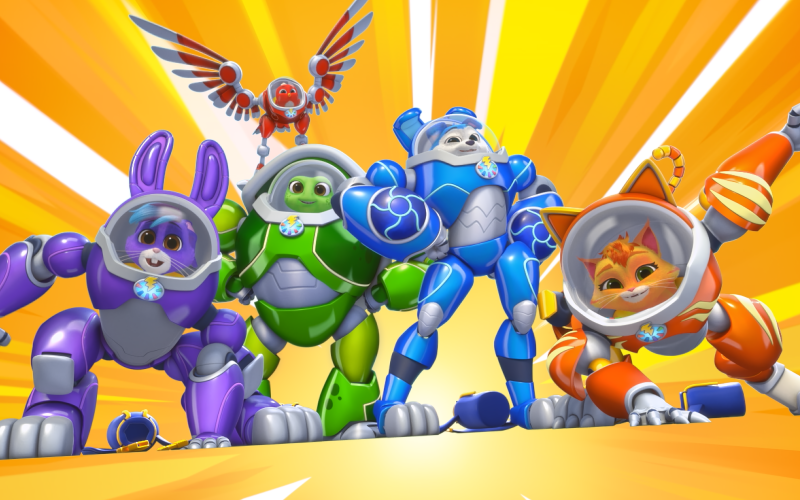 Hopper, Shelly, Wingo, Booster and Allie in their Robo-suits in hero poses