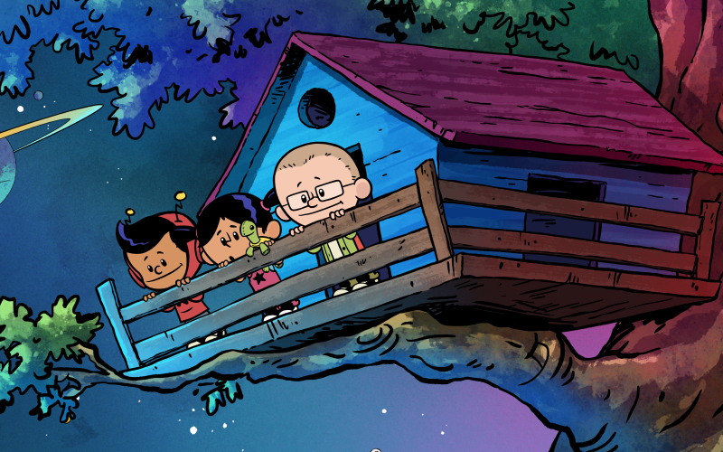 Still from Xavier Riddle and the Secret Museum: Xavier, Yadina, and Brad in a tree fort.