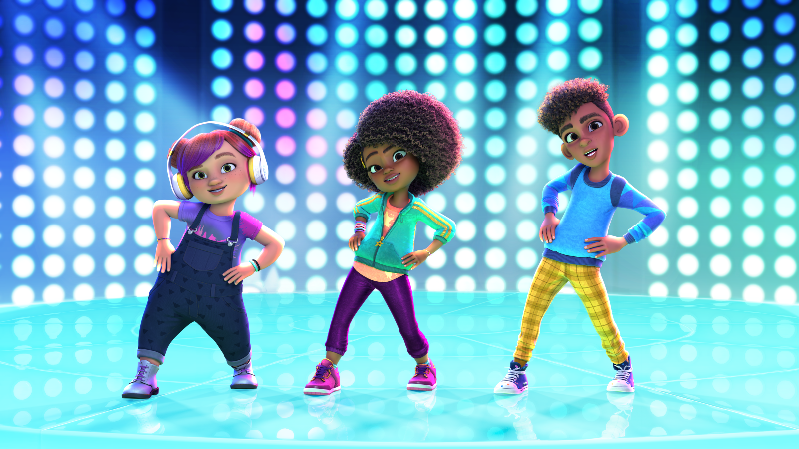 Switch, Karma and Winston striking a dance pose on Karma's stage