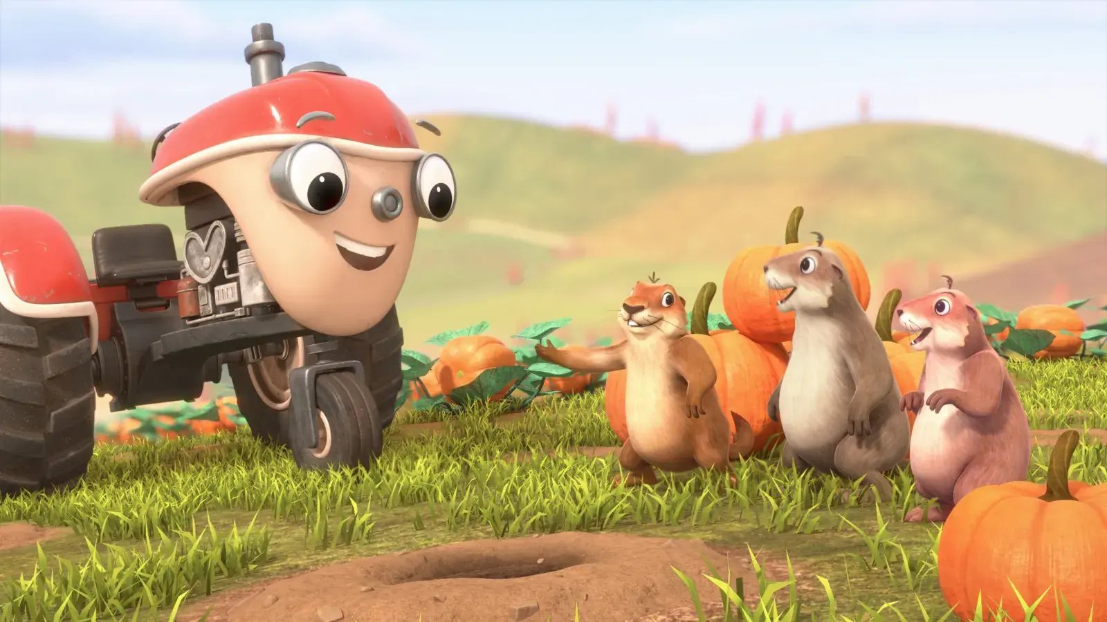 Otis on the farm in the pumpkin patch with three groundhogs