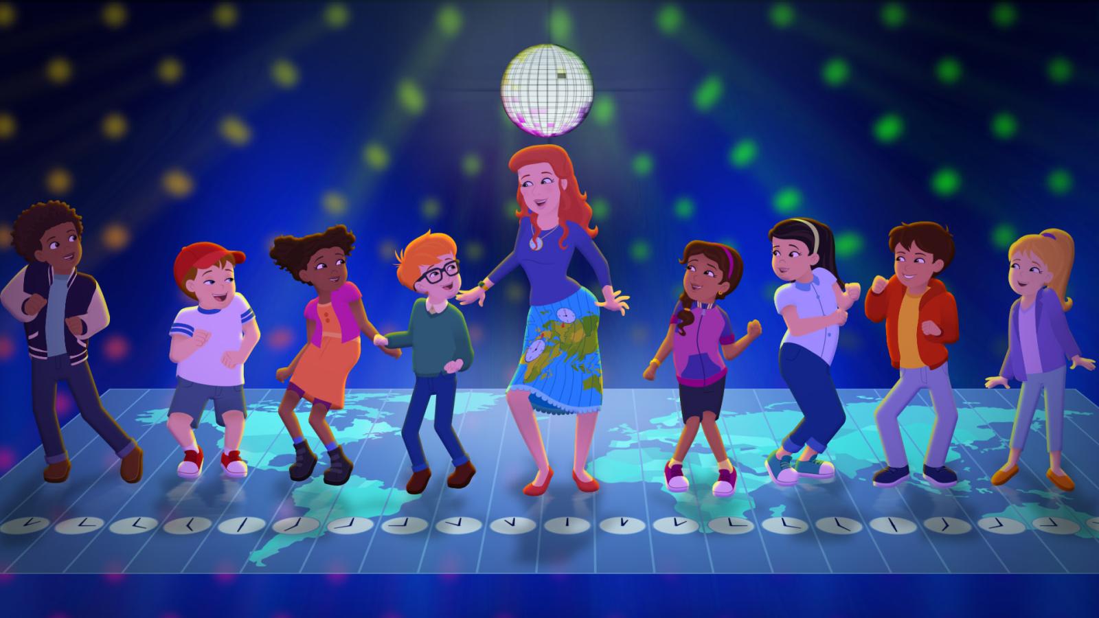 Magic School Bus: Rides Again: Students dance on a stage with colorful lights and a clock overhead.