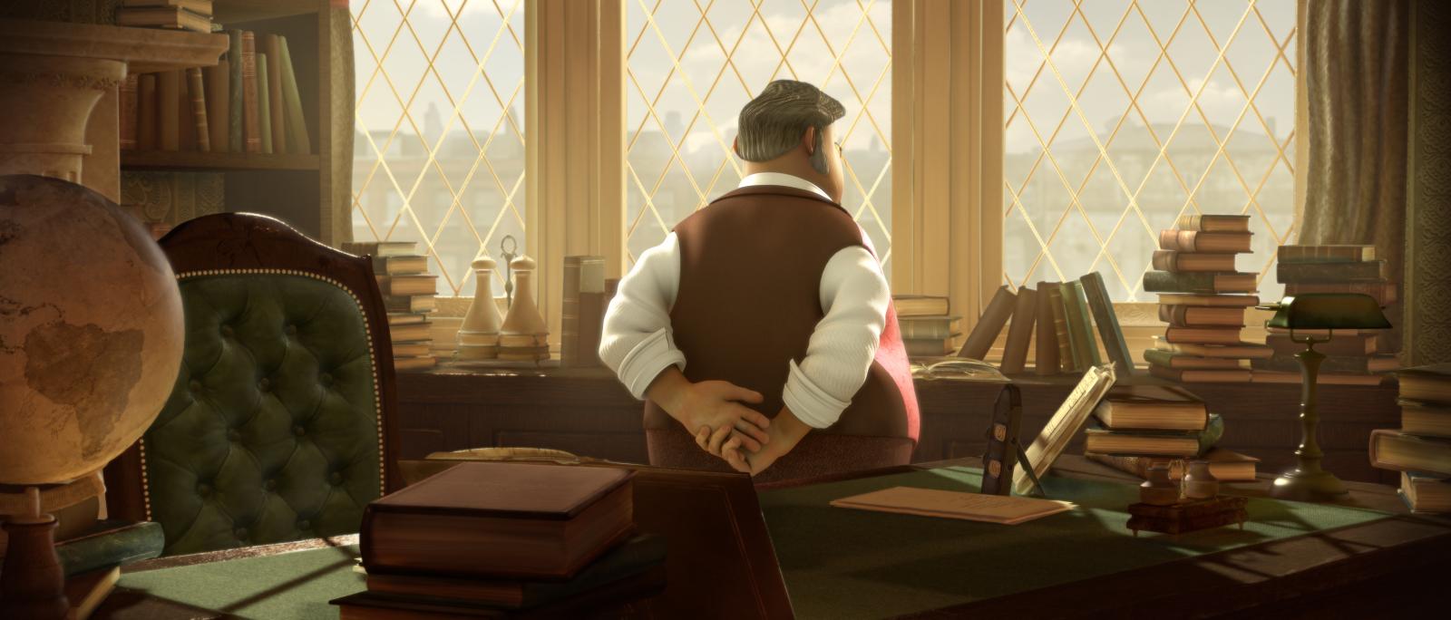 A still from the animated short film 23 Degrees 5 Minutes featuring Professor Orit looking out the window of his office