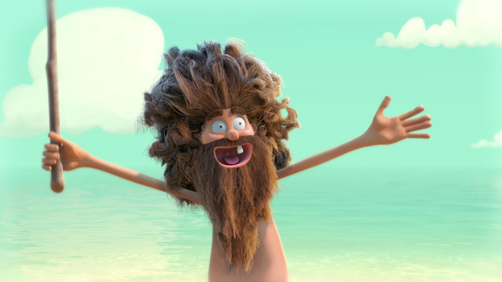 A still from the animated short An Ode to Love featuring a man deserted on a beach with a stick