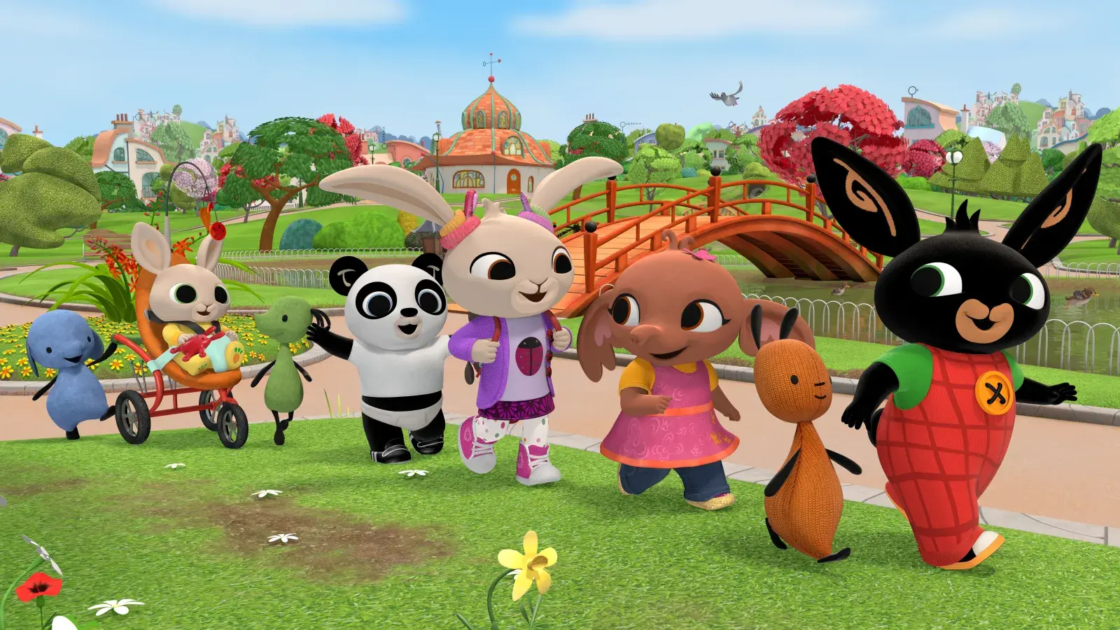 Bing and friends walking in a line through the park
