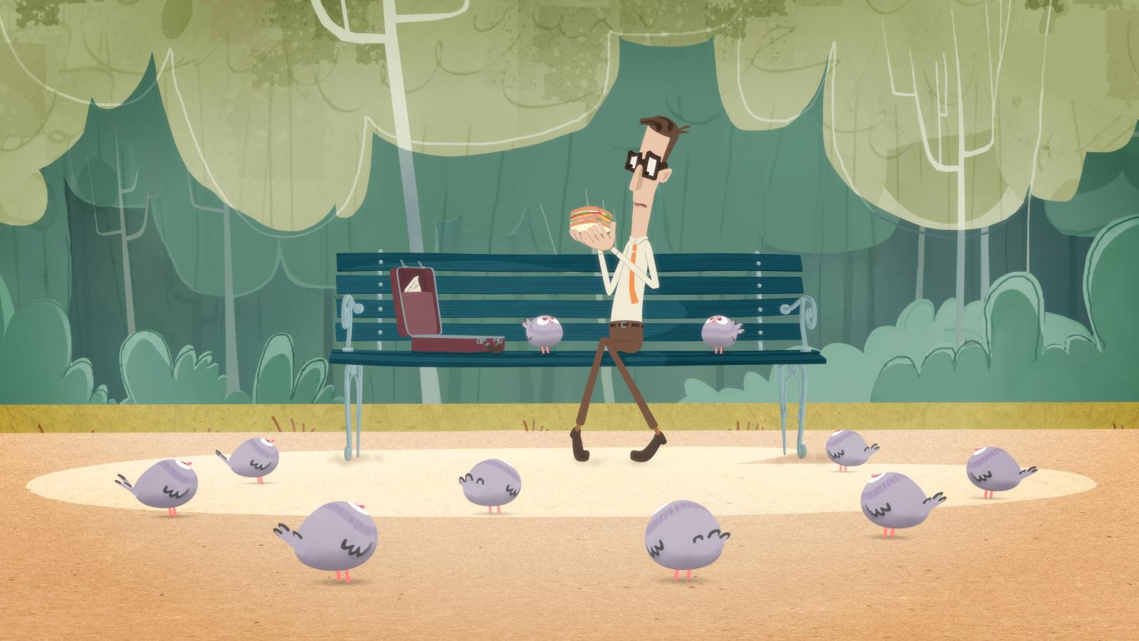 A still from the short animated film Bird Food showing a man sitting on a bench about to eat his sandwich surrounded by pigeons
