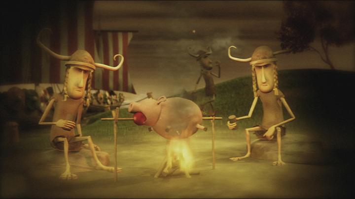 Animated scene with historical figures and animals around a campfire.