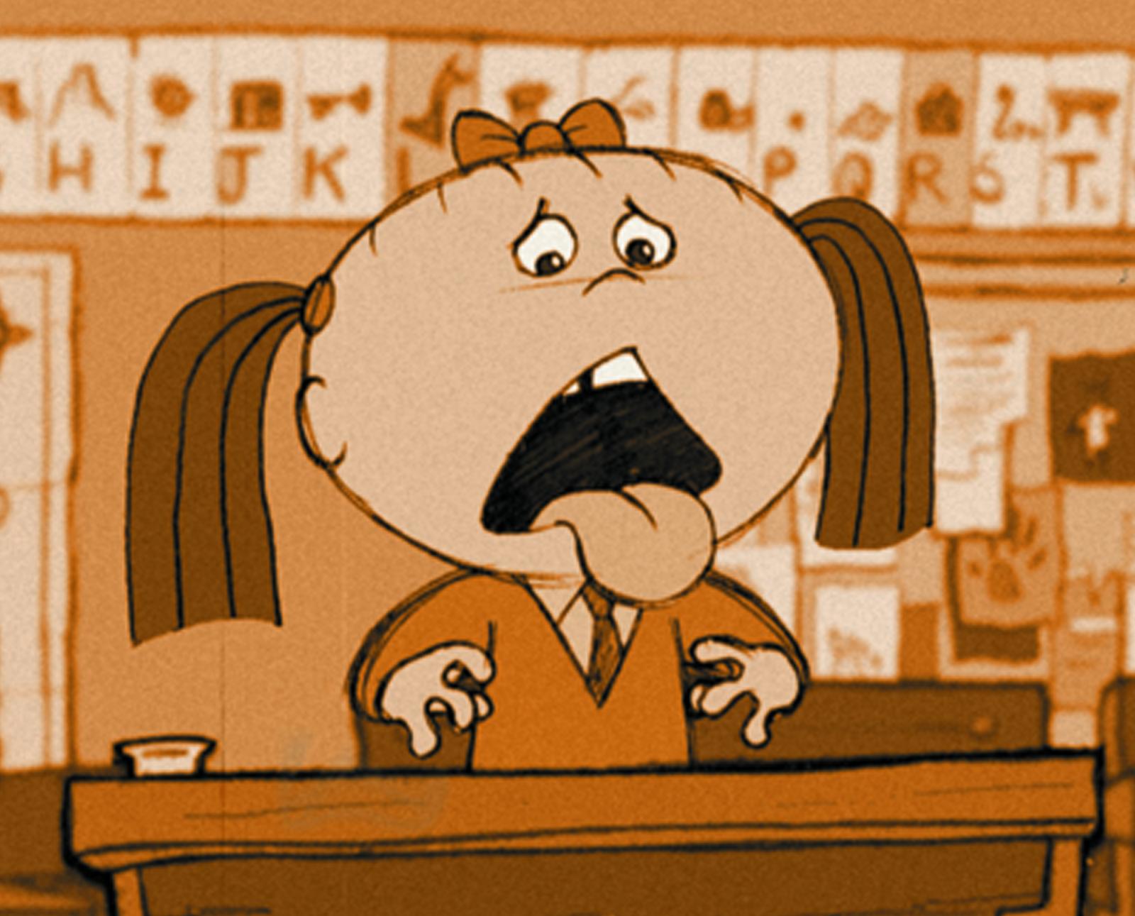 A still from animated short film Give Up Yer Aul Sins featuring a school girl at her desk