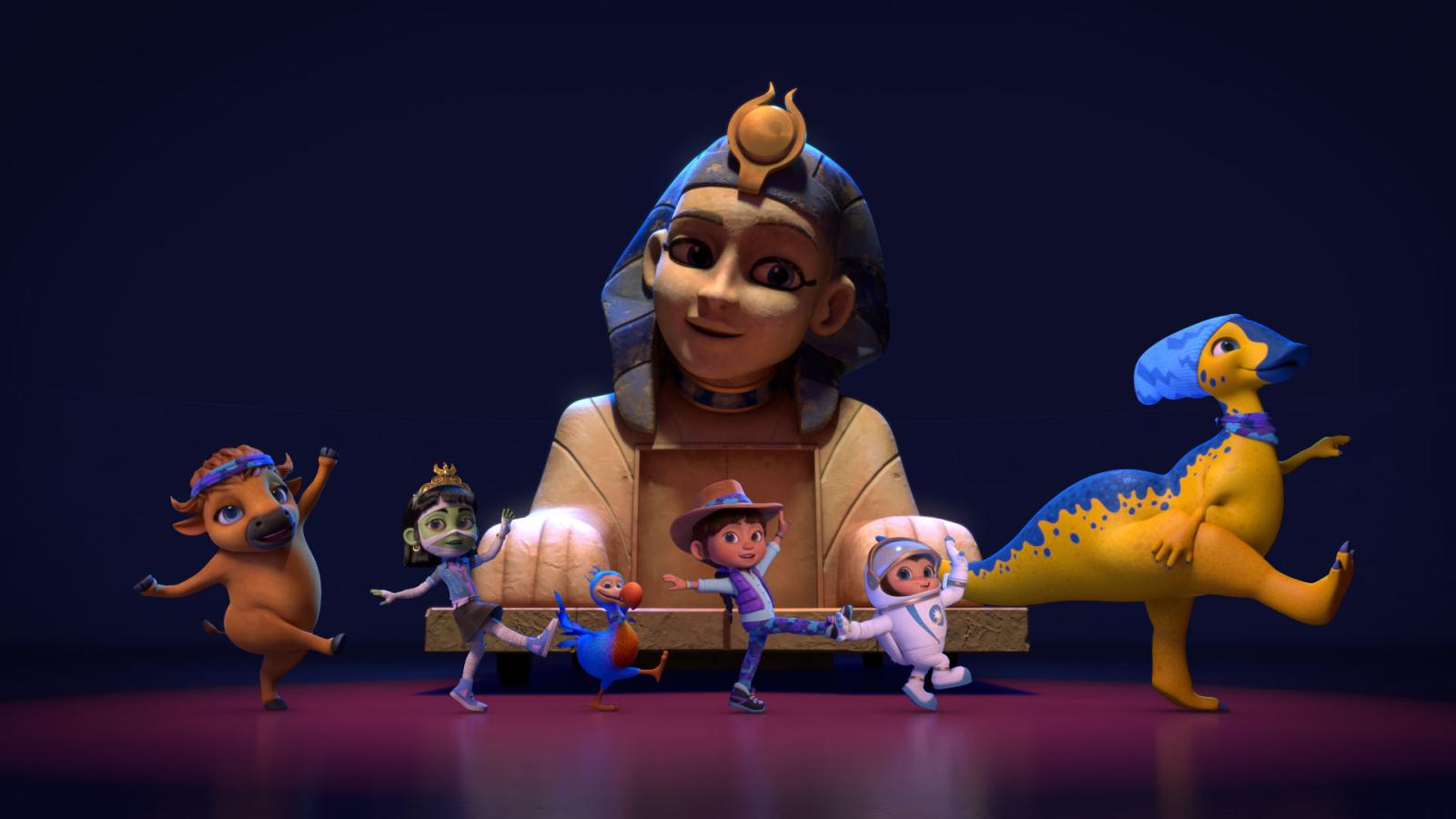 Ridley Jones and friends dancing in front of an Egyptian Sphynx