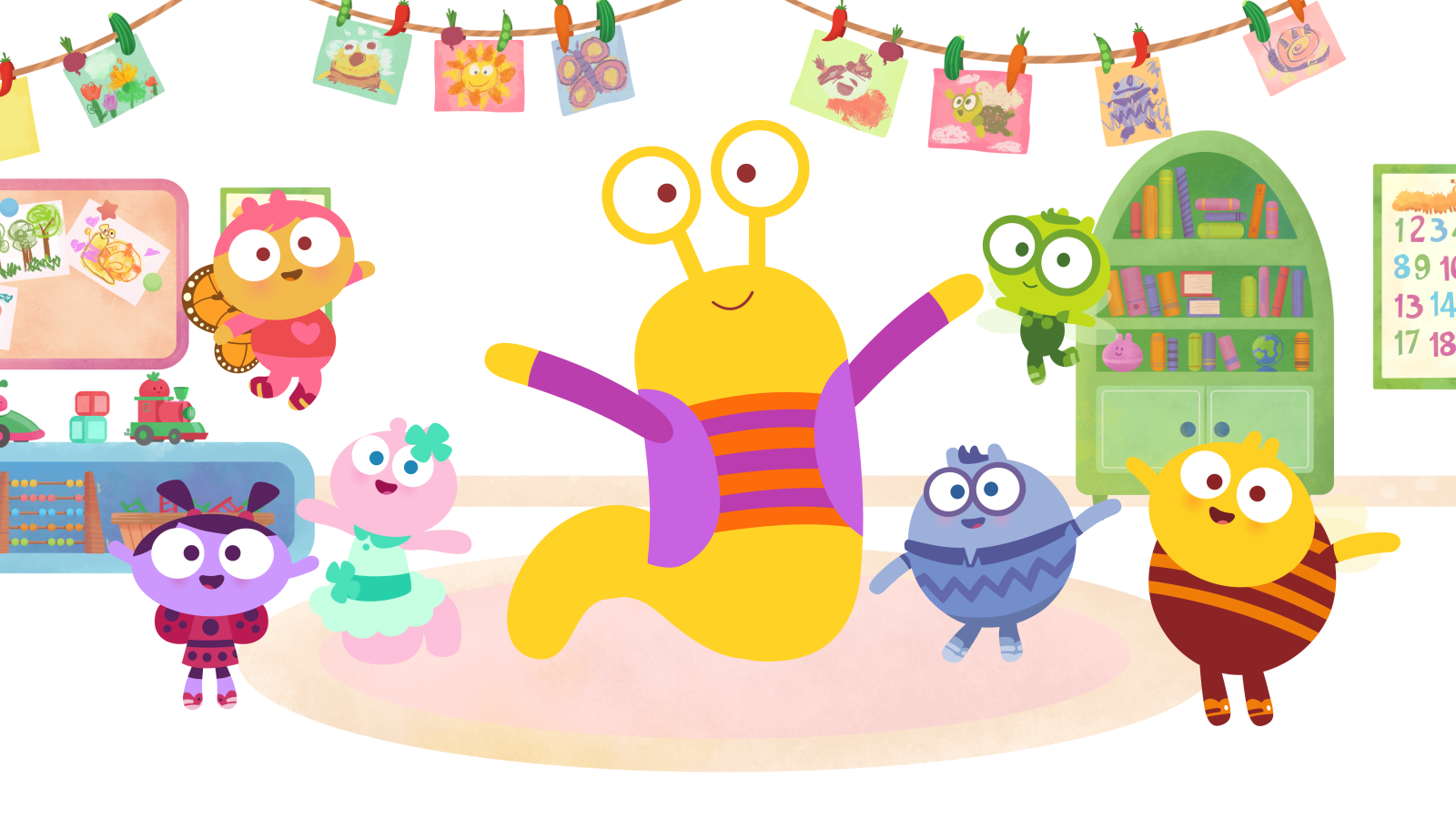 Lu & The Bally Bunch: Colorful characters gather in a decorated classroom setting.