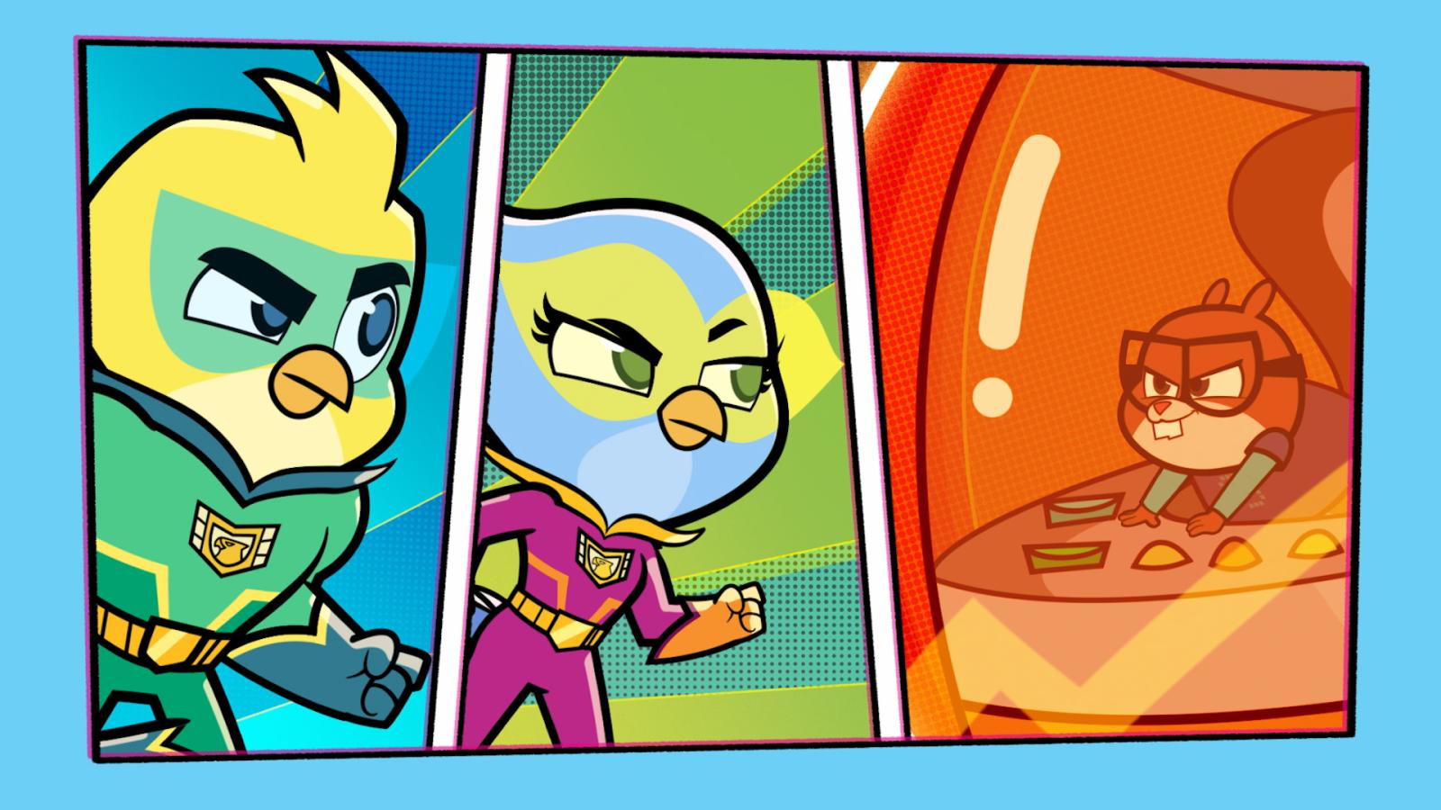 Ace, Polly and Asher in a comic book style panel