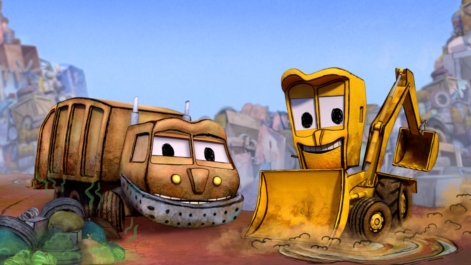 Poster for The Stinky & Dirty Show. Stinky, a garbage truck, and Dirty, a backhoe loader are standing together in a junkyard