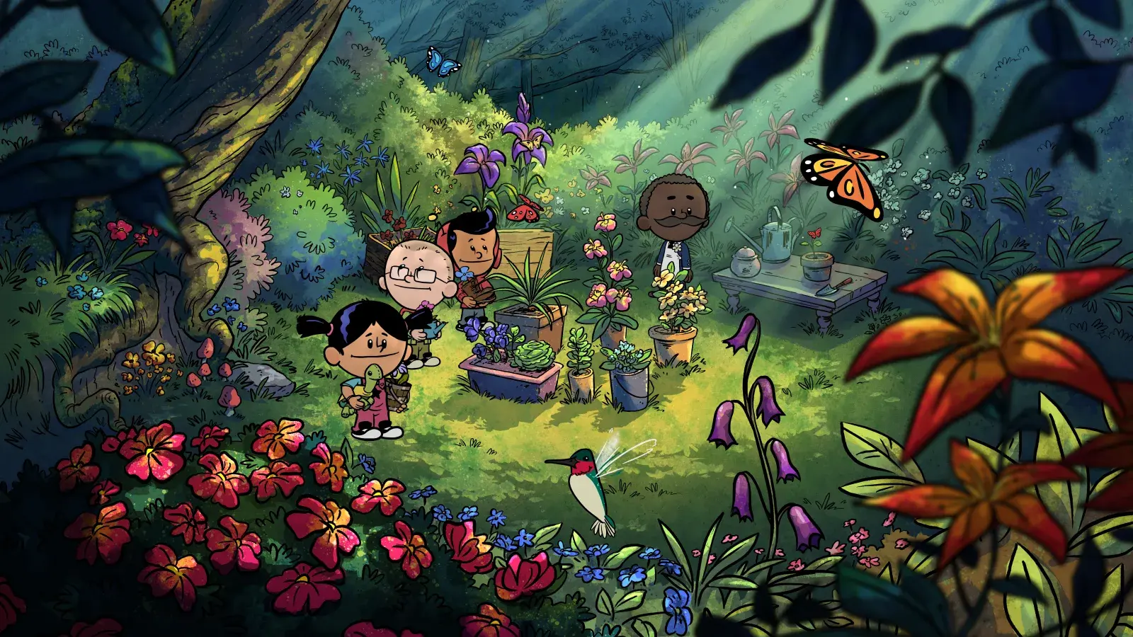 Still from Xavier Riddle and the Secret Museum: Yadina, Brad, and Xavier exploring a garden with flowers and butterflies.
