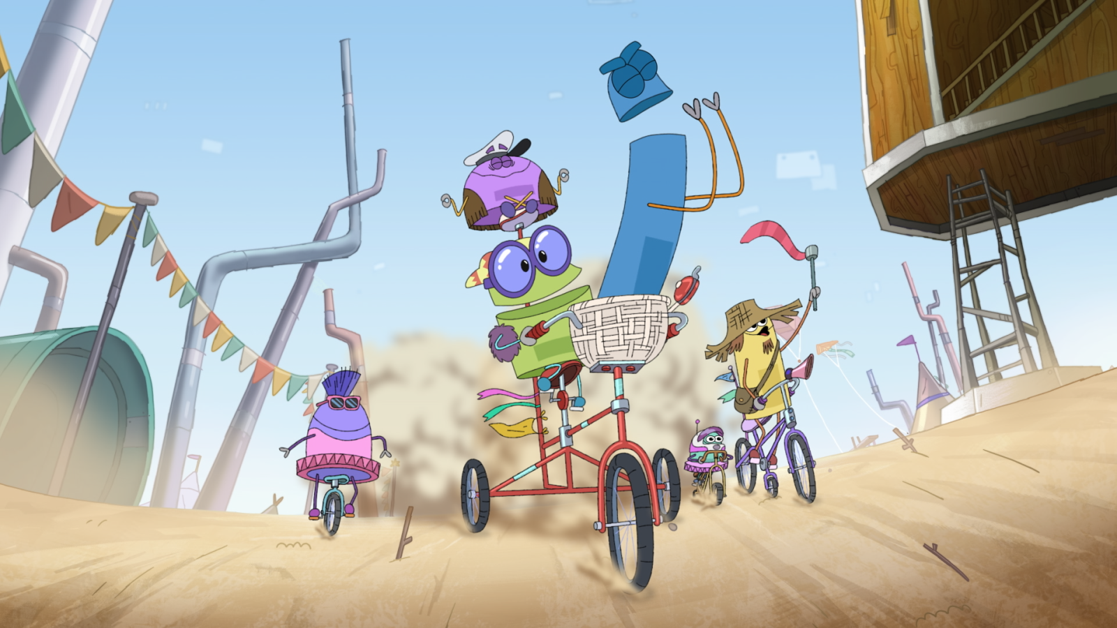 StoryBots: Answer Time: Characters ride bicycles and vehicles in an outdoor setting.
