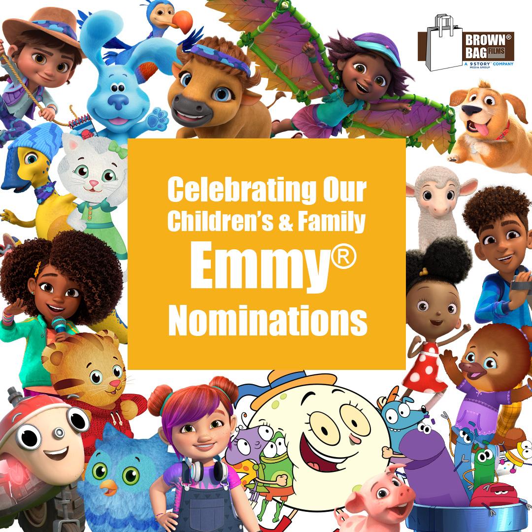 Brown Bag Films Children's Emmys' nominations graphic poster featuring characters from Brown Bag Films shows