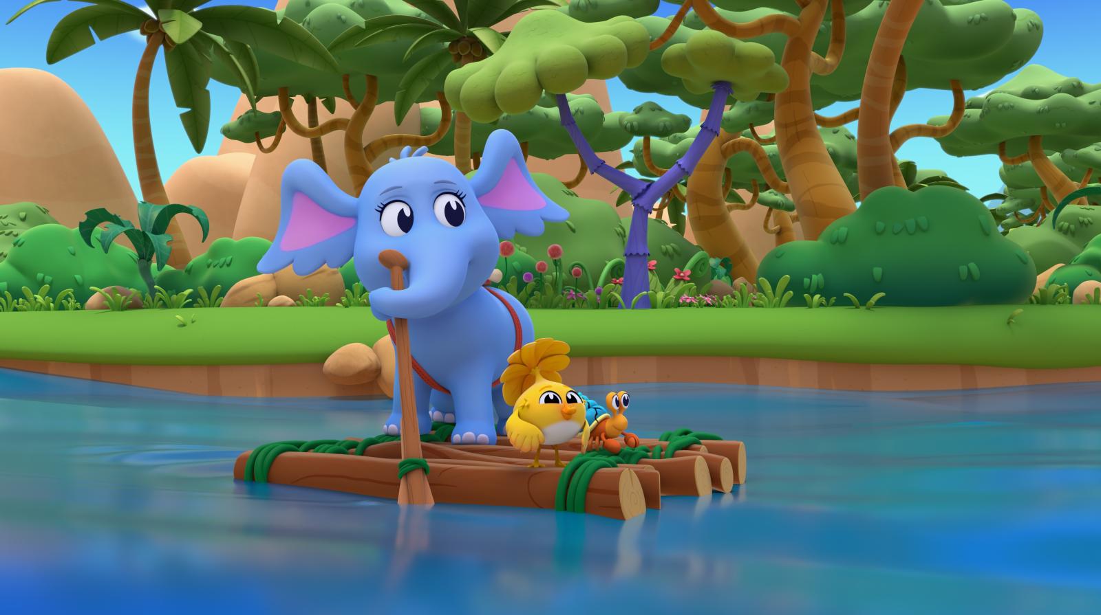A still from the animated series Dr. Seuss's Horton! featuring Horton and his buddies on a wooden raft in the jungle.