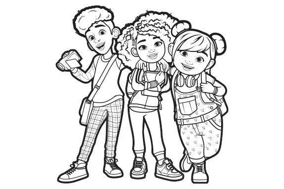 Black-and-white coloring page featuring three Karma’s World characters standing together with accessories like headphones and a camera.