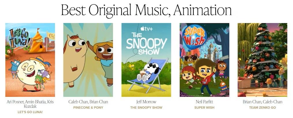 Nominee lineup for Best Original Music in Animation featuring posters for Let’s Go Luna!, Pinecone & Pony, The Snoopy Show, Super Wish, and Team Zenko Go.