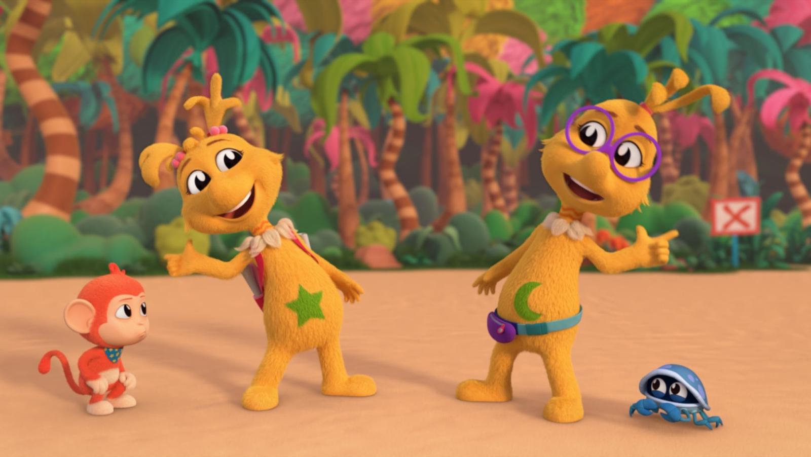 Two main animated characters from The Sneetches with their pets standing on the beach with a jungle in the background.