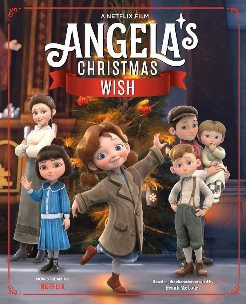 Animated cover of Angela’s Christmas Wish featuring children in vintage winter clothing standing in front of a decorated Christmas tree, with the film title in bold white letters and a red ribbon banner at the top.