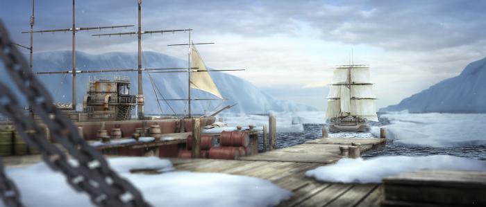 A still from the animated short film 23 Degrees 5 Minutes showing some ships in the arctic