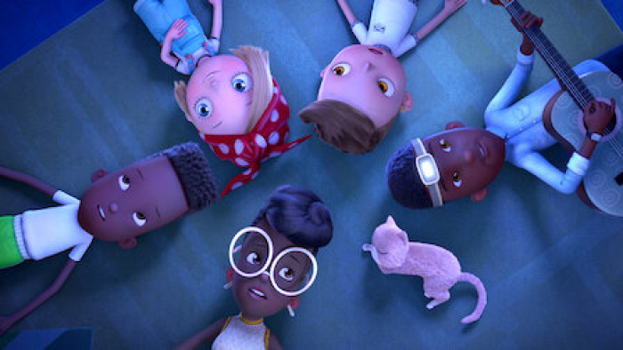Ada Twist's mom, dad and brother and her friends Rosie and Iggy along with her cat Mooshu are lying on the floor in a circle looking up. It is nighttime.