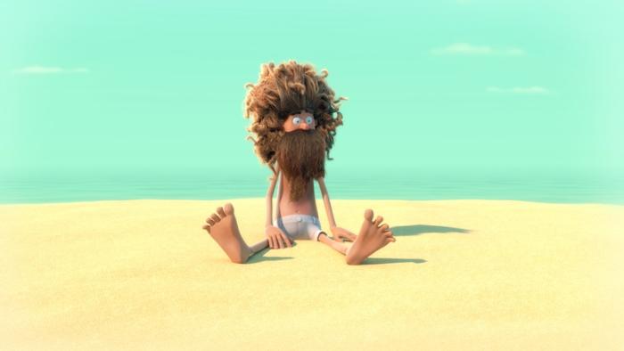 A still from the short film An Ode to Love, showing a man deserted on a beach