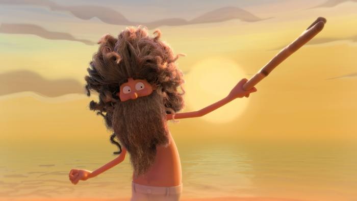 A still from the short film An Ode to Love, showing a man deserted on a beach with a stick