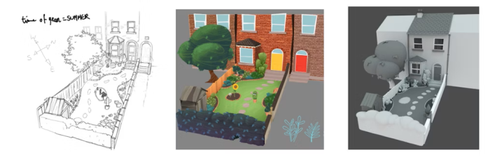 A behind-the-scenes still of the garden in the animated short Pins and Needles showing the 2D line art, colour work and grayscale model 