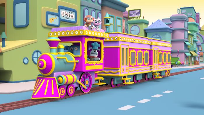 A bright pink train in Blunderburg