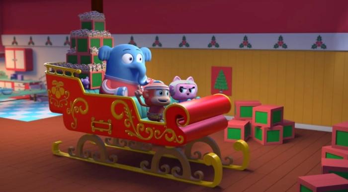 A still from Chico Bon Bon and the Very Berry Holiday showing the characters on a sleigh